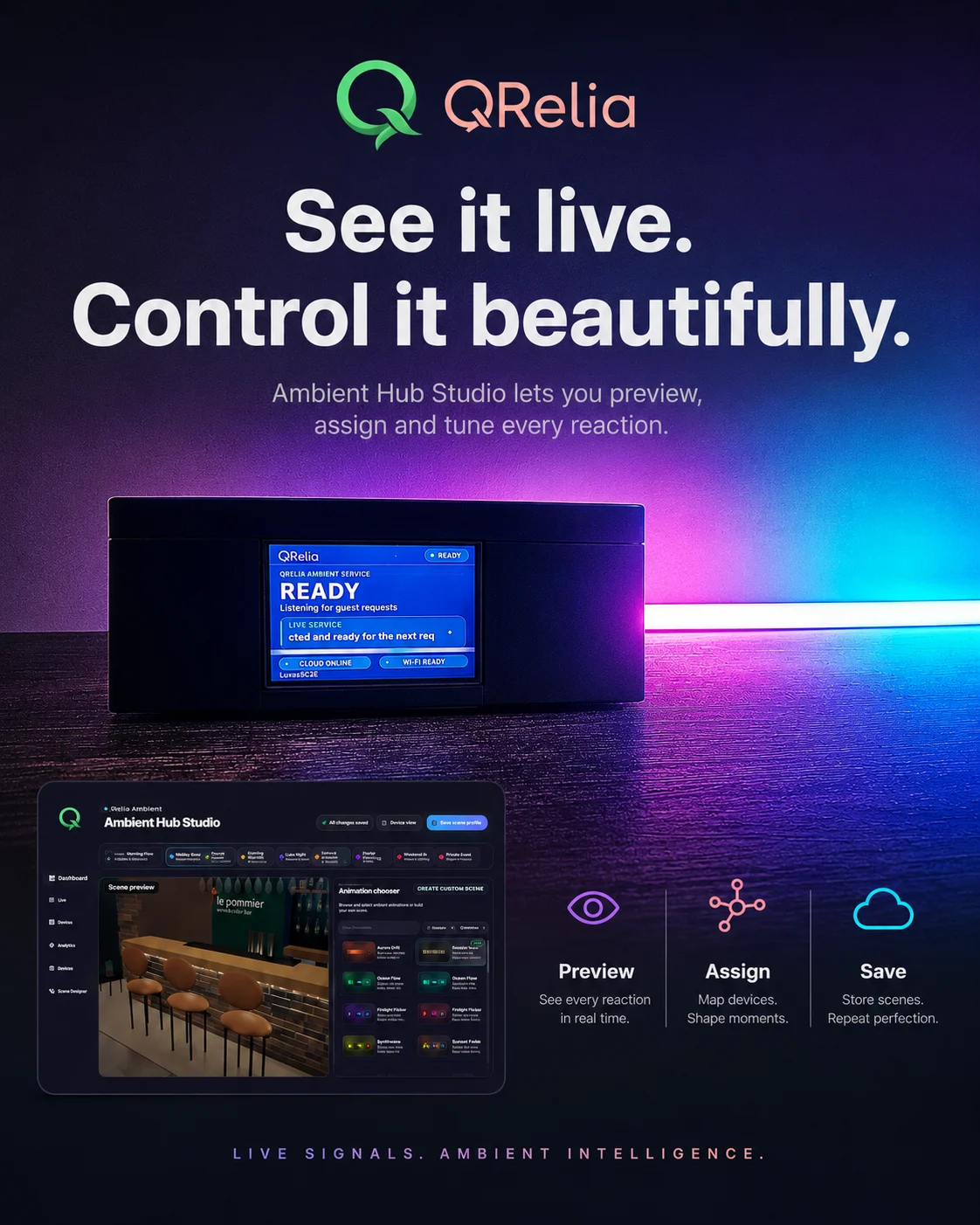 Ambient Hub Studio alongside the real QRelia Ambient Device