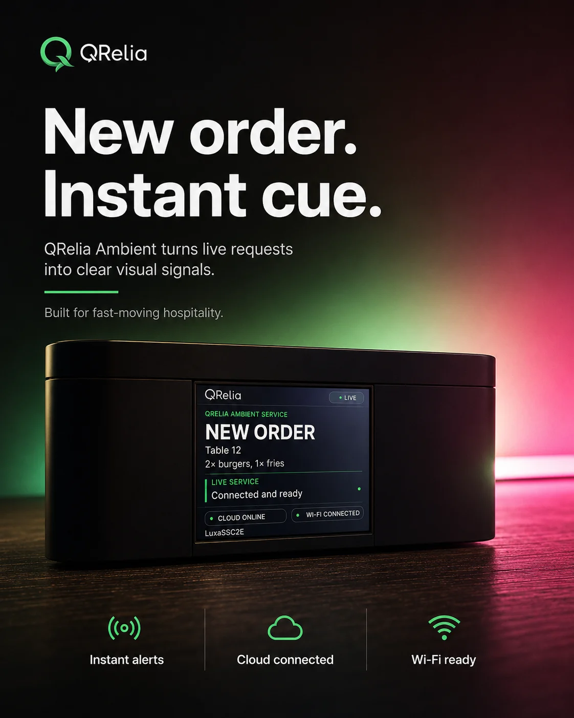 QRelia Ambient Device poster showing the new-order state