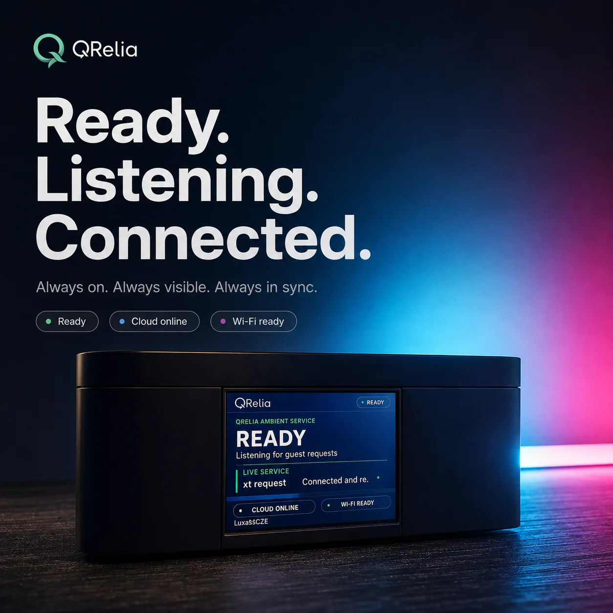 QRelia Ambient Device poster showing the ready state