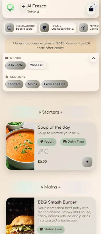 QRelia guest menu on a phone