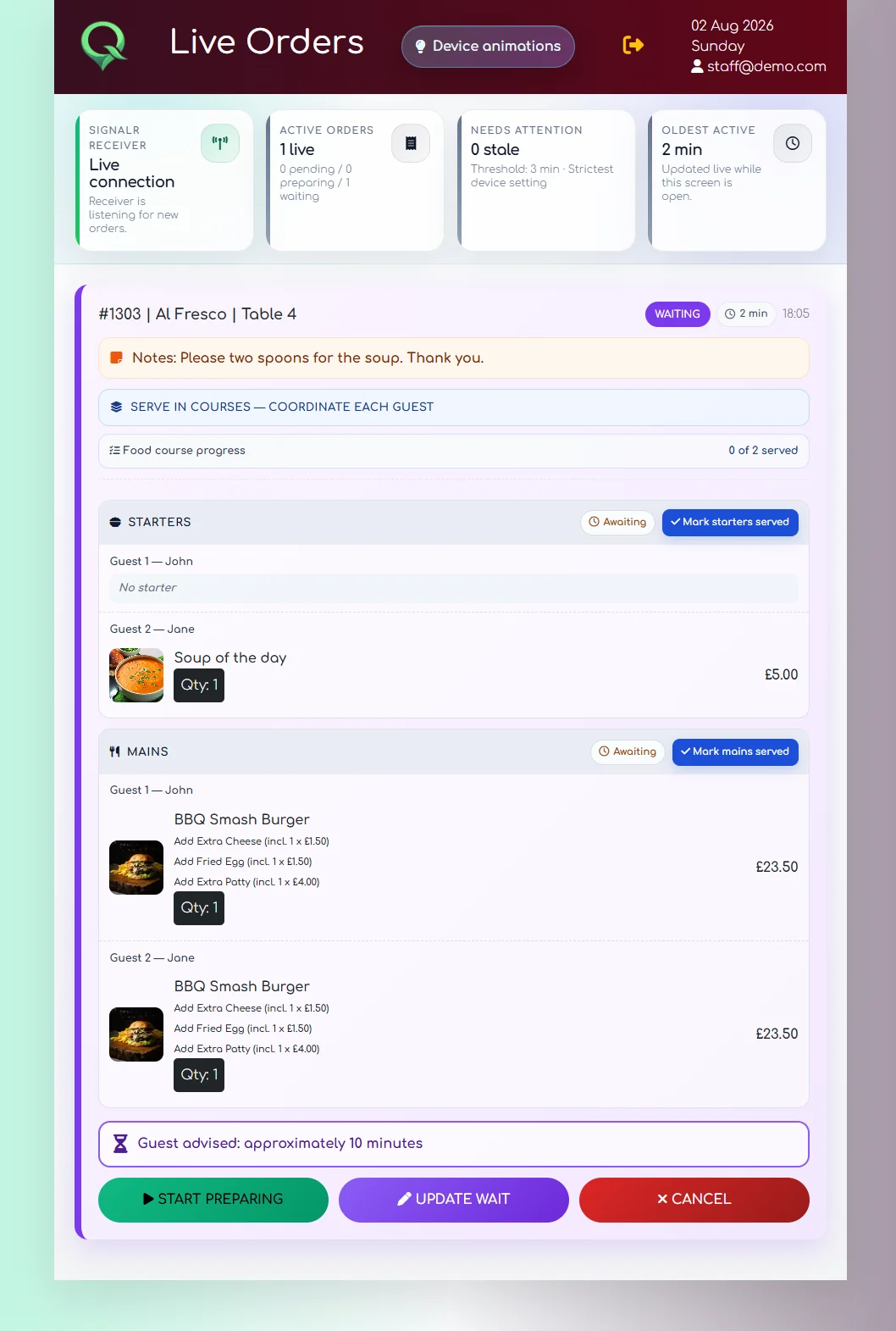 Order in waiting state