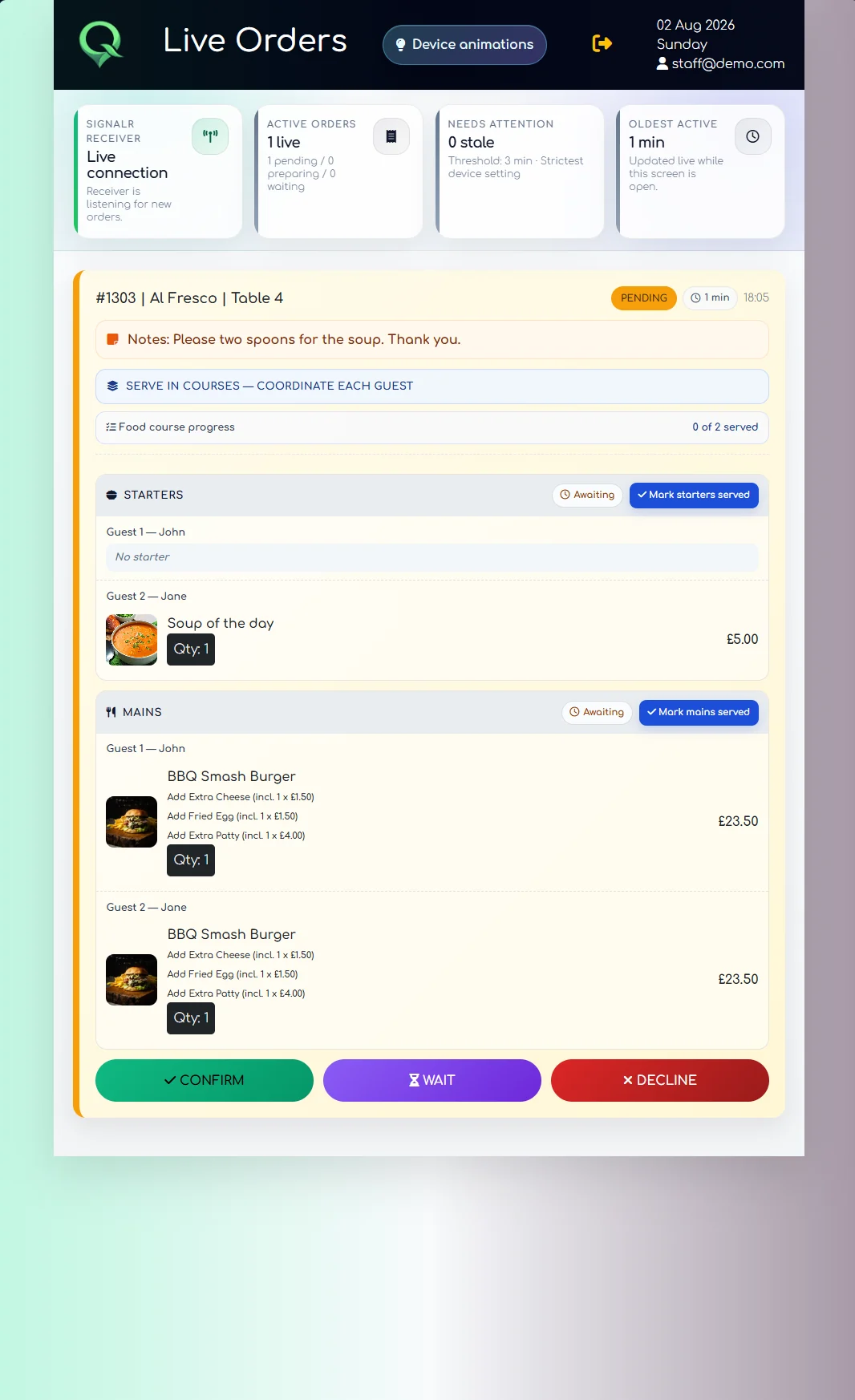 QRelia Pending course order