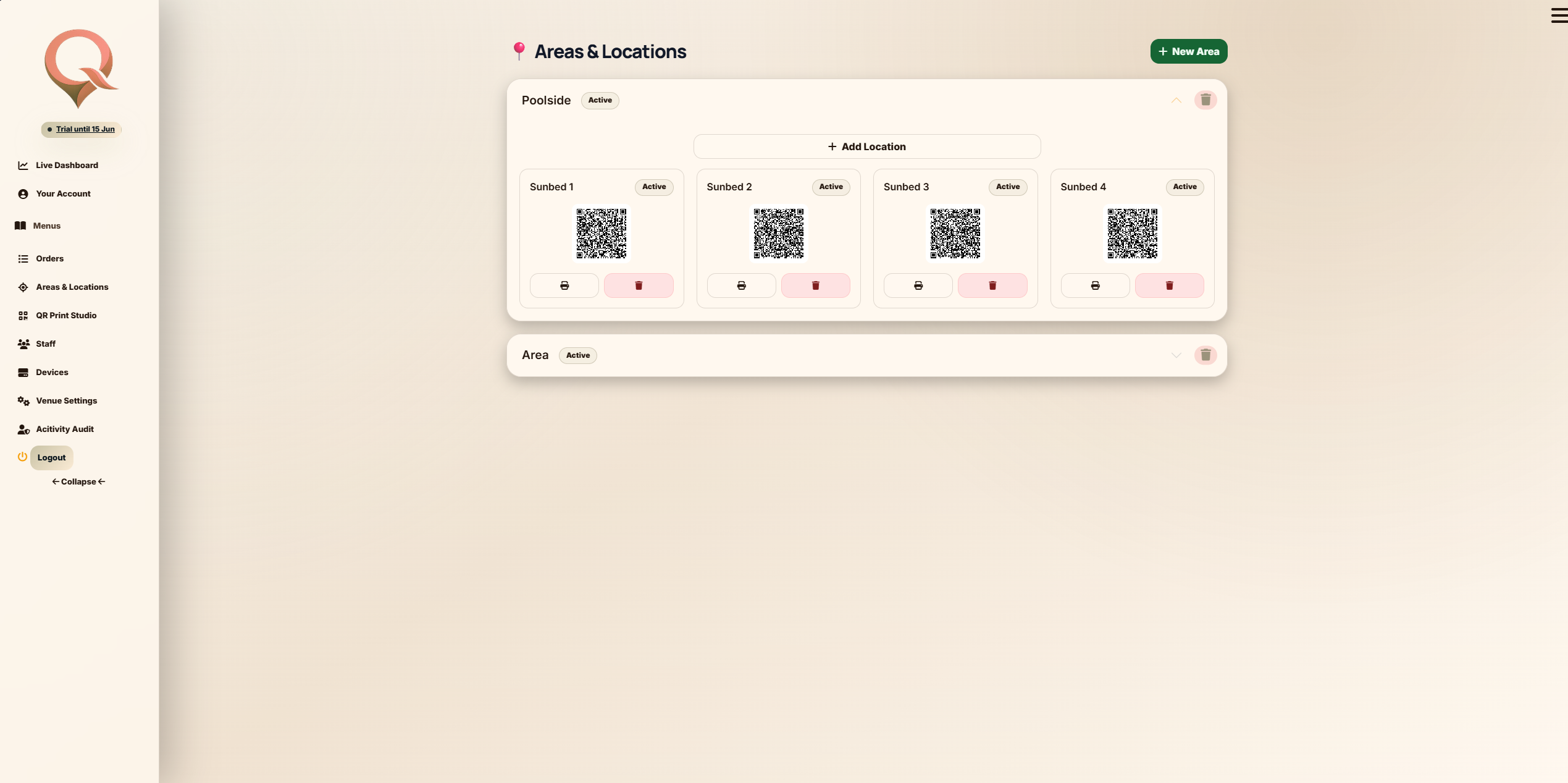 QRelia Areas and Locations screen