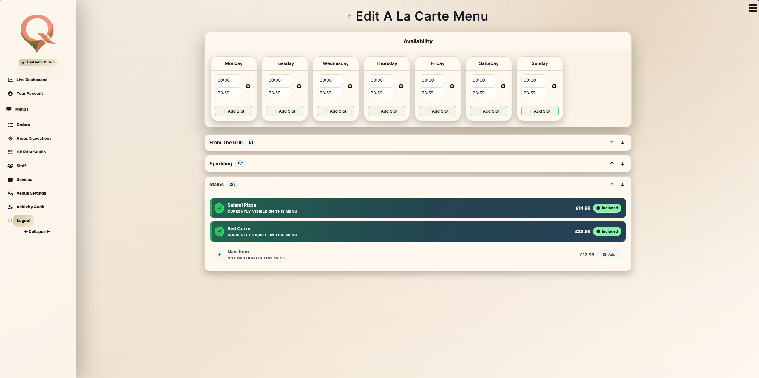 QRelia Edit Menu screen