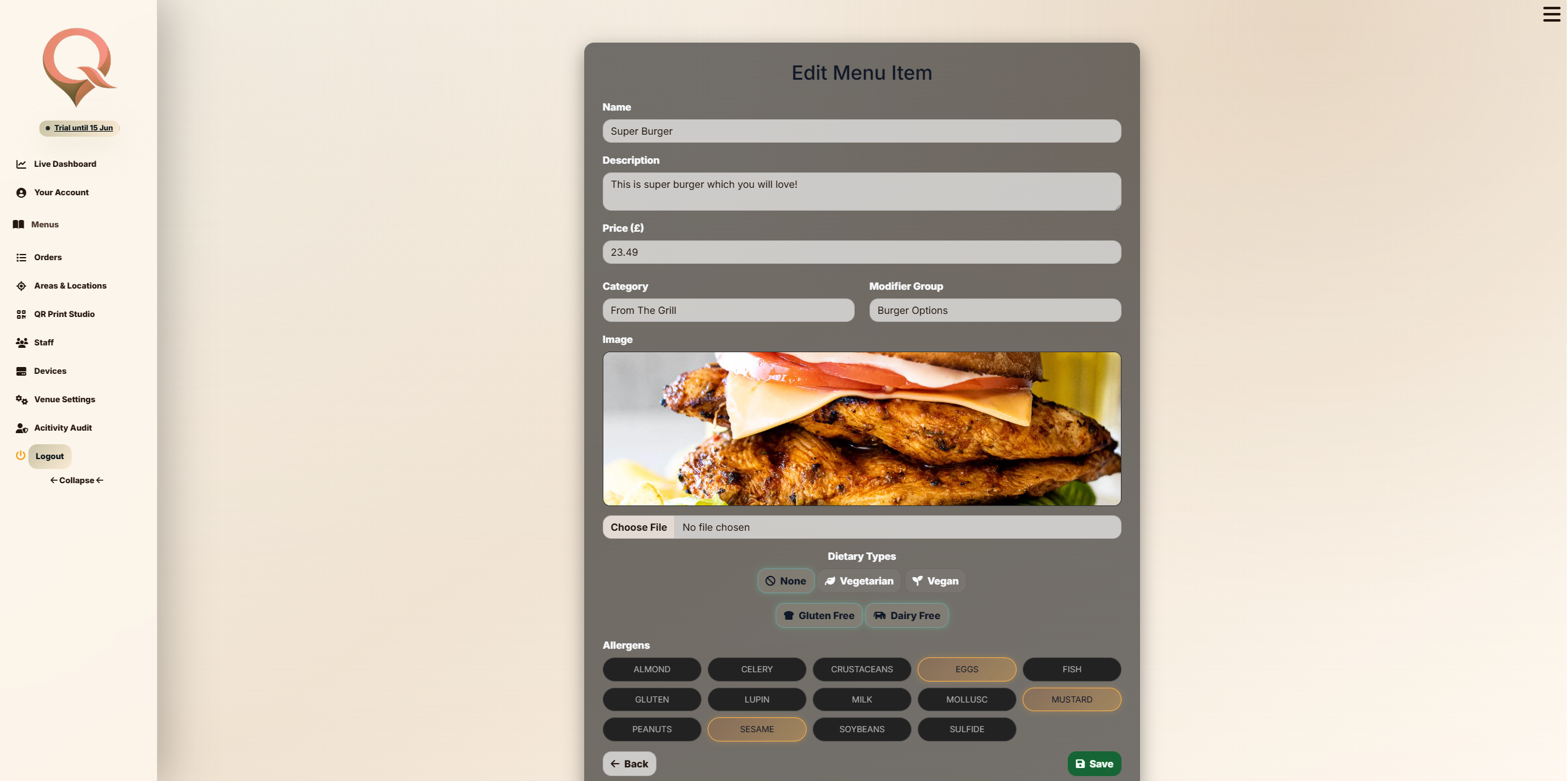 QRelia Edit Menu Item screen