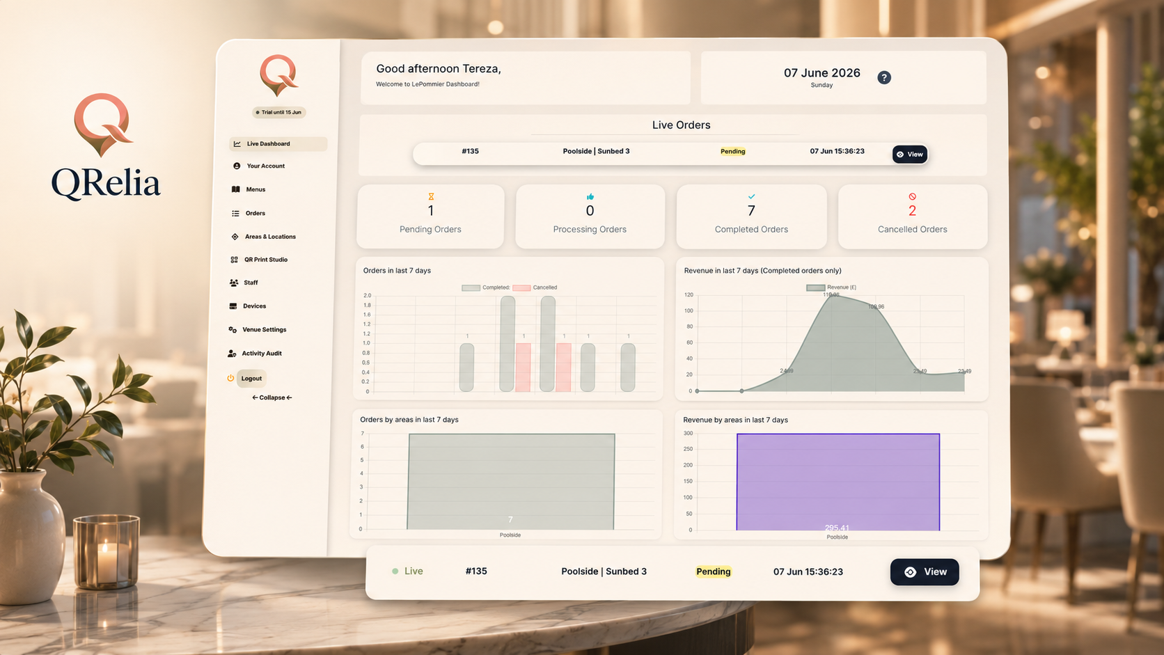 QRelia hospitality dashboard and themed ordering surfaces