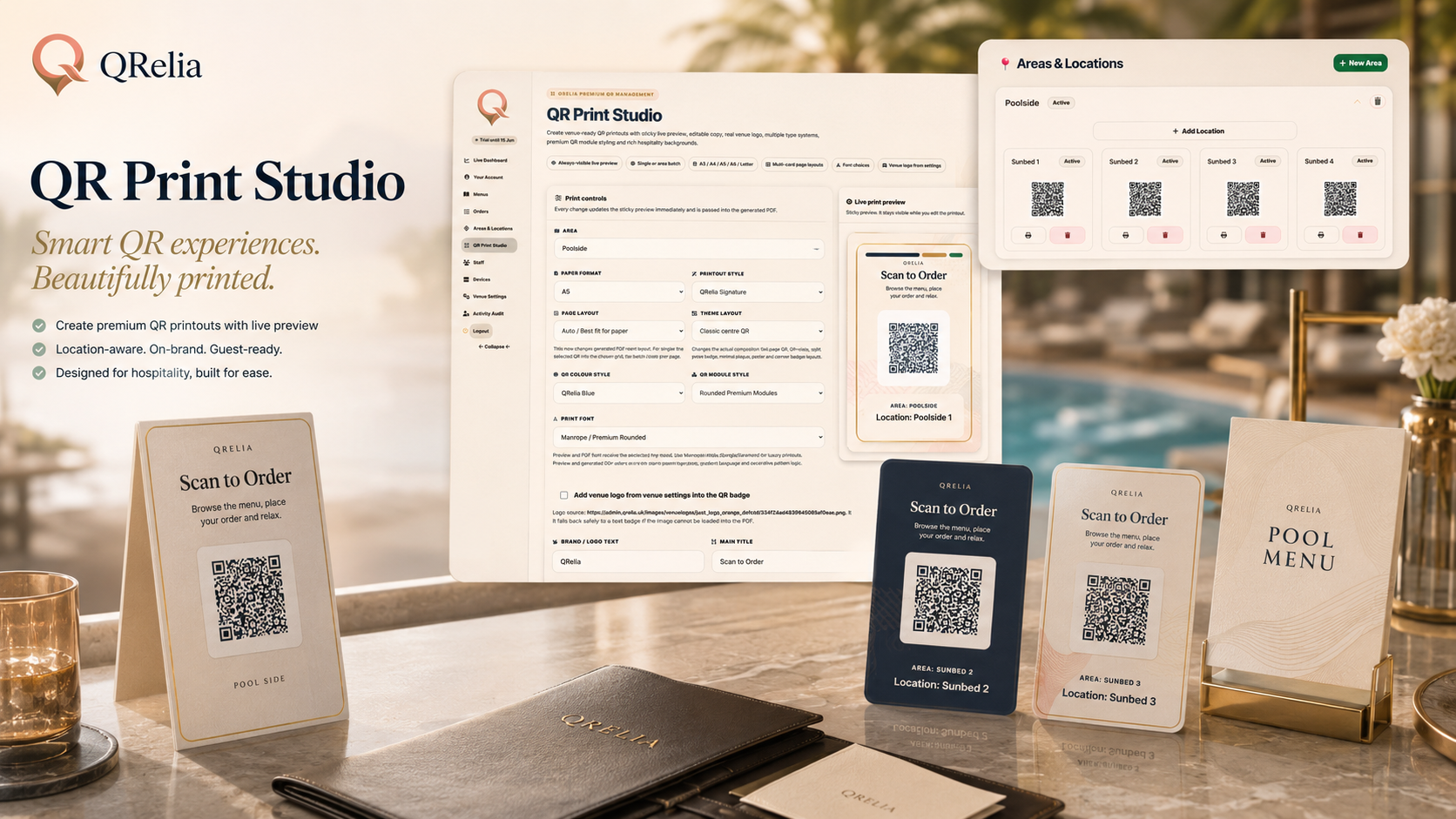 QRelia QR Print Studio with hospitality print layouts