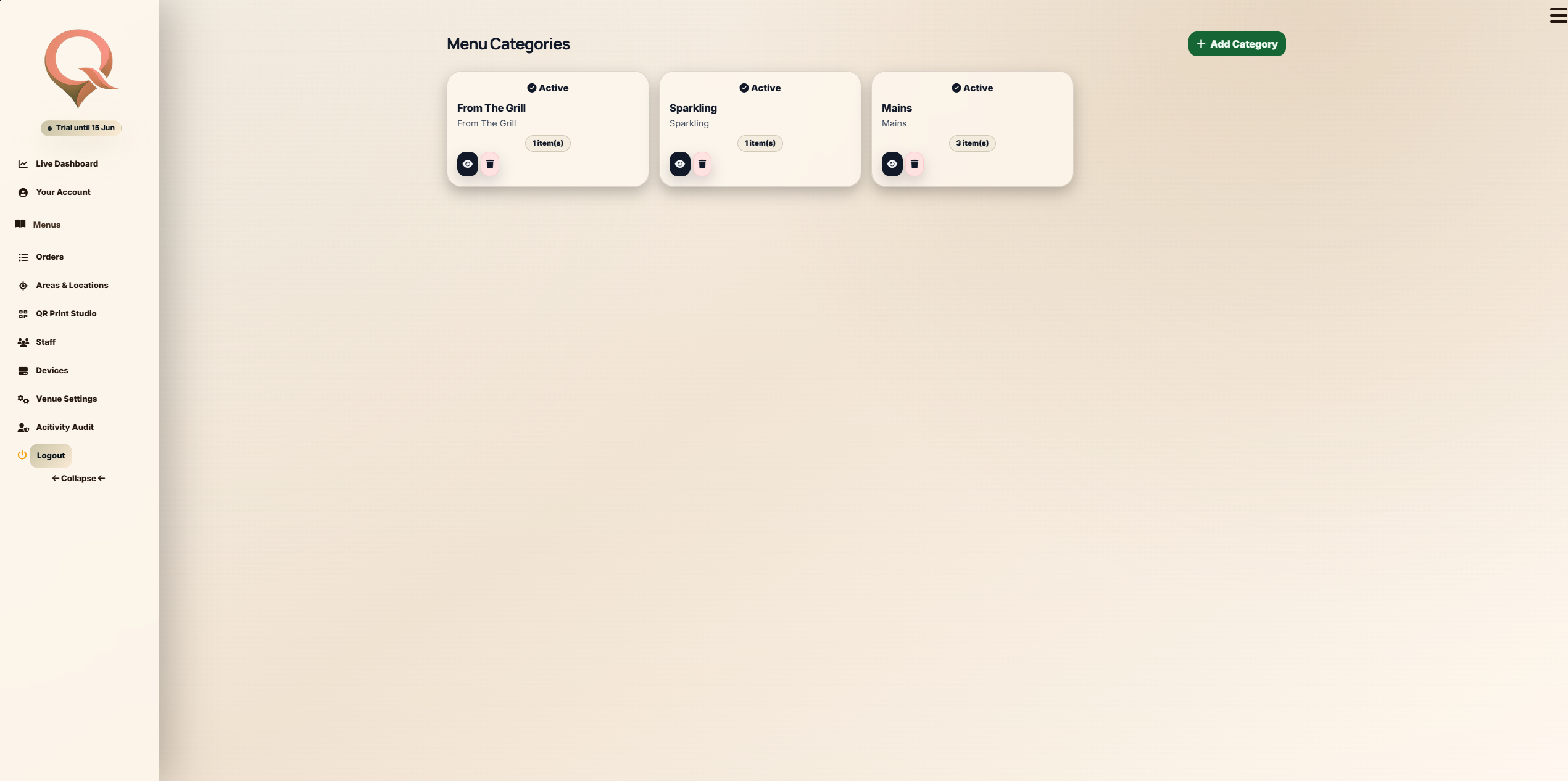 QRelia Menu Categories screen
