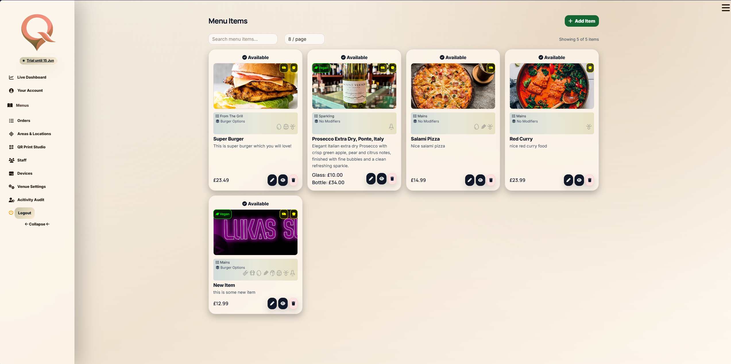 QRelia Menu Items screen