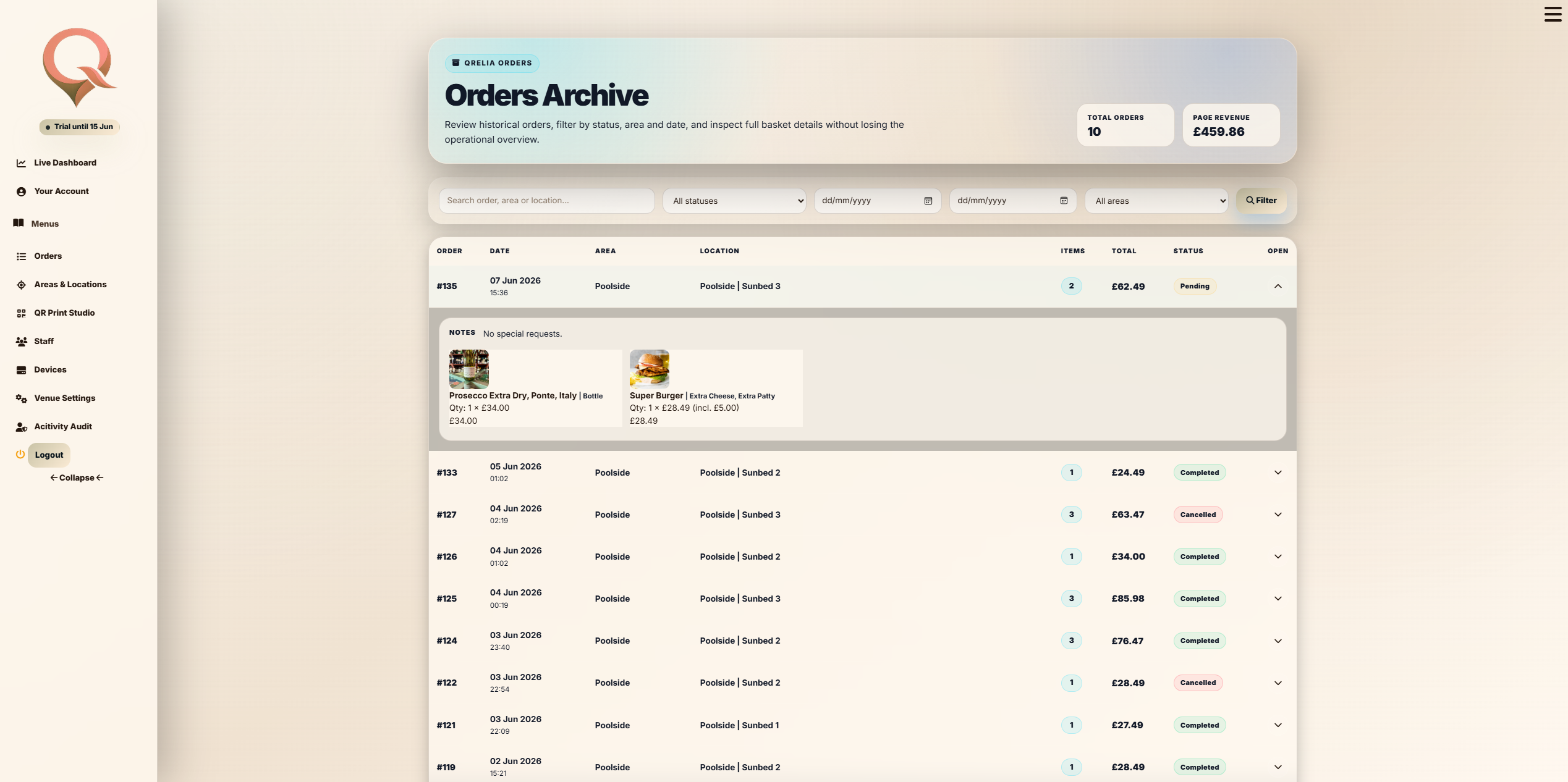 QRelia Orders screen