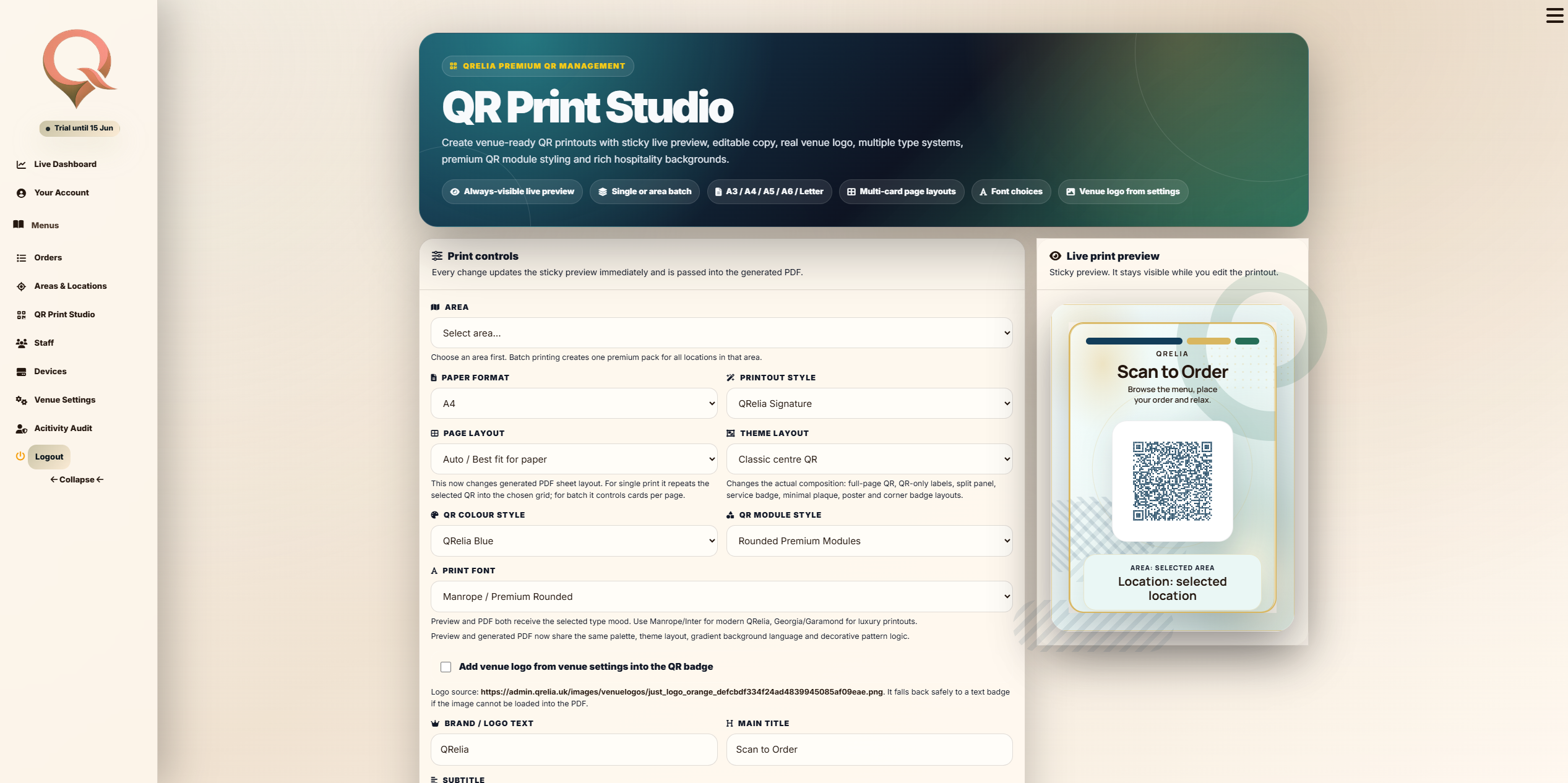 QRelia Print QR Code screen