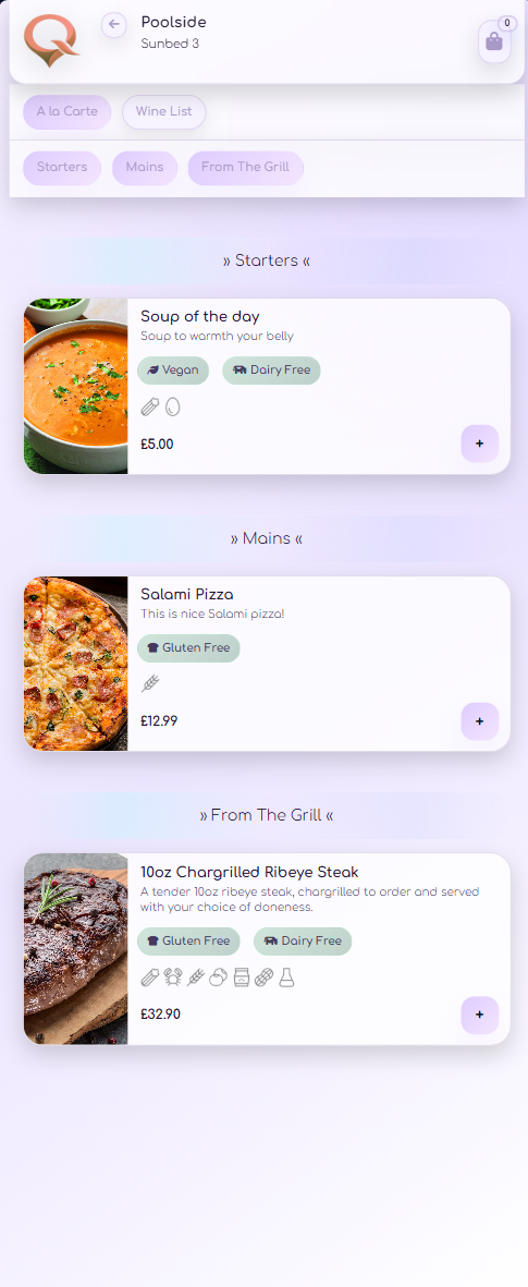 QRelia Menu Browsing screen