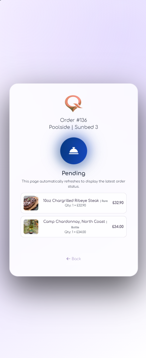 QRelia Order Placed screen