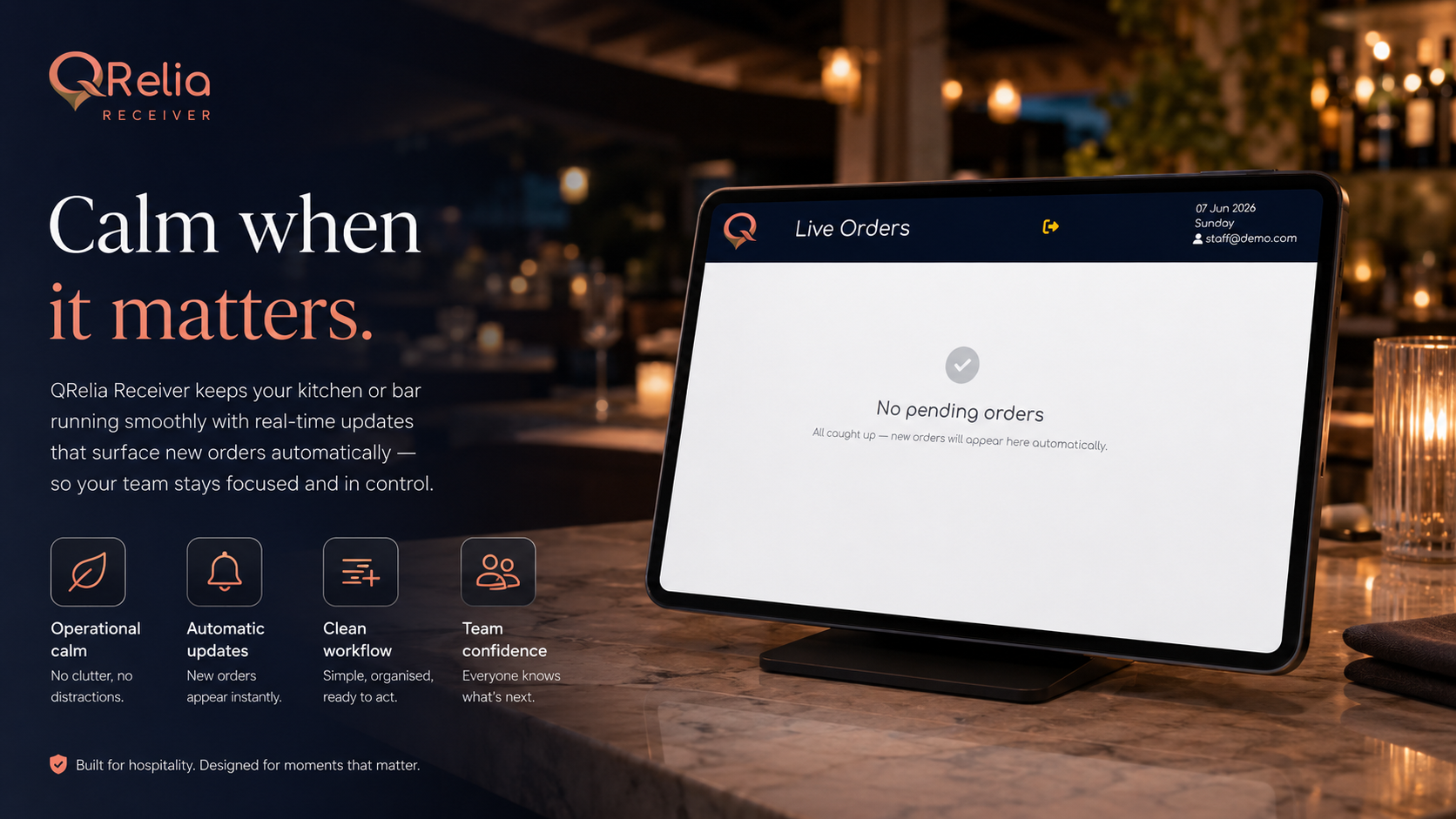 QRelia Live Order Board screen