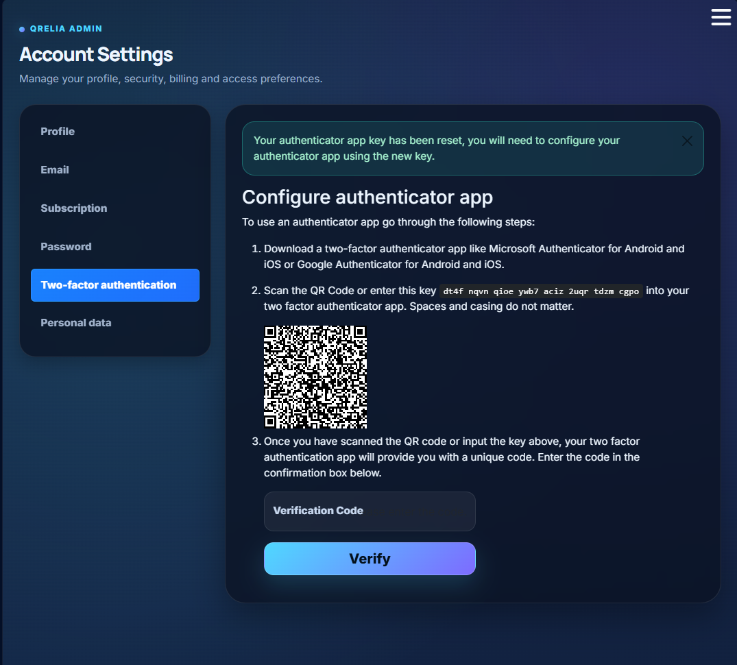 QRelia Admin - Two-Factor Authentication