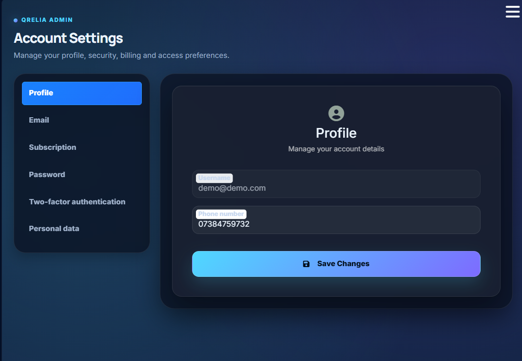 QRelia Admin - Account Settings