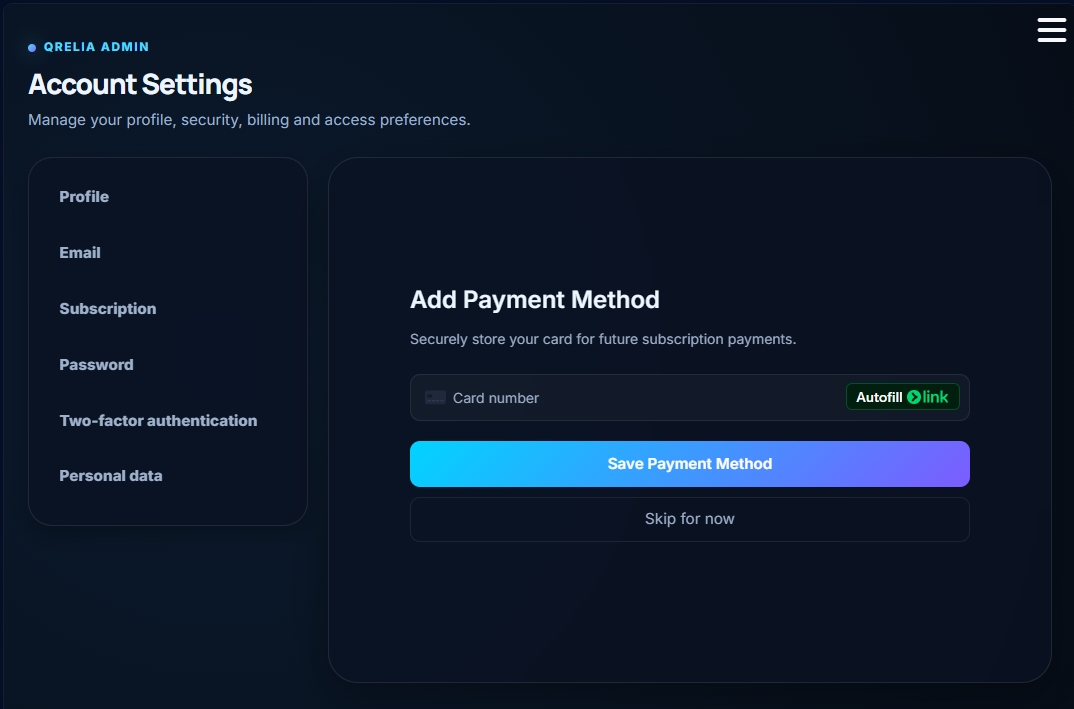 QRelia Admin - Add Payment Method