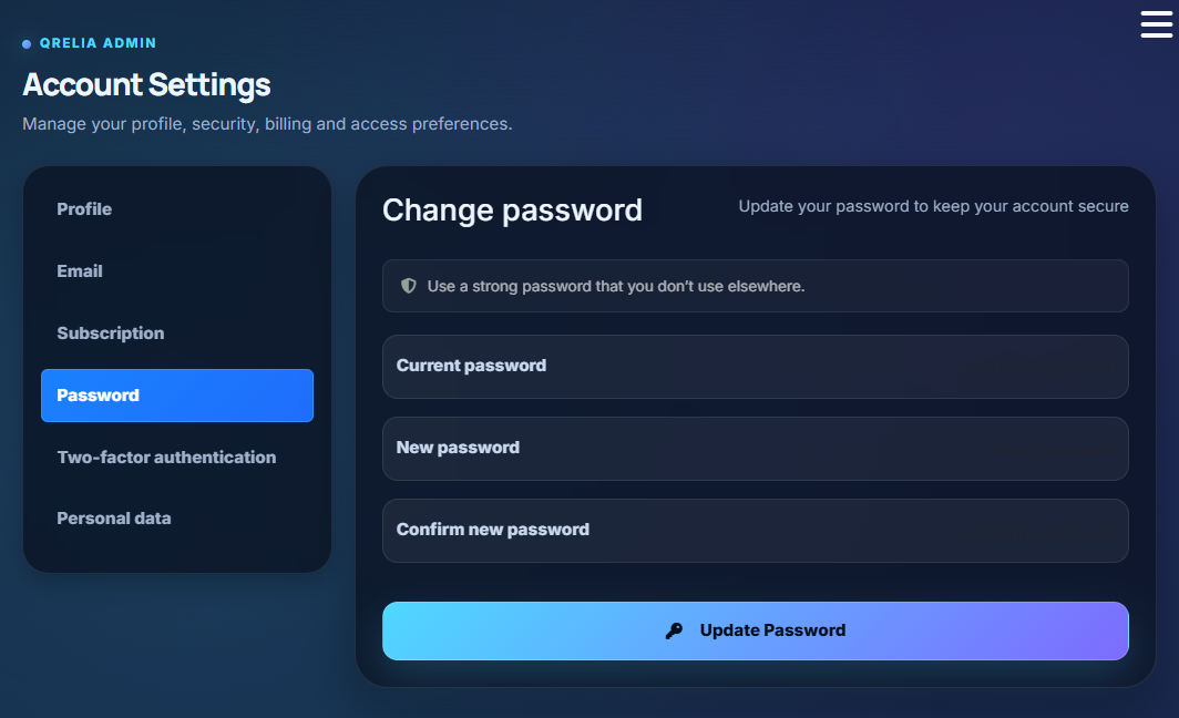 QRelia Admin - Change Password