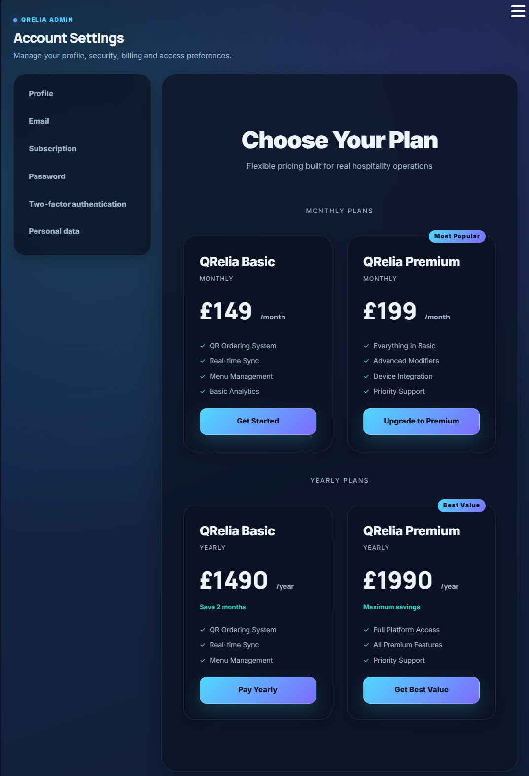 QRelia Admin - Choose Plan