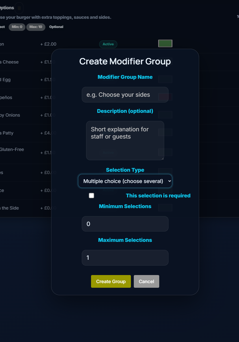 QRelia Admin - Create Modifier Group