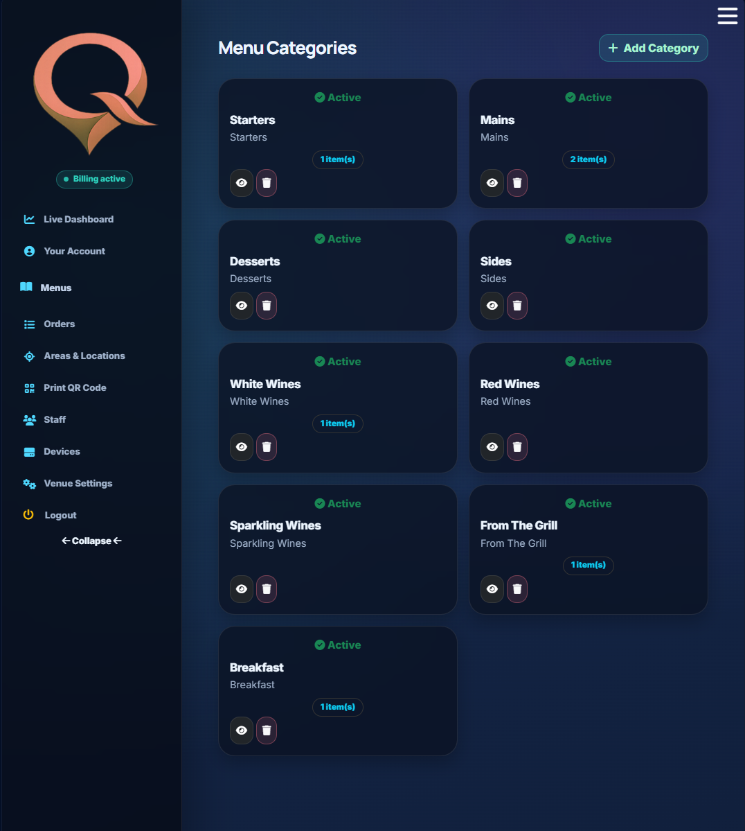 QRelia Admin - Menu Categories