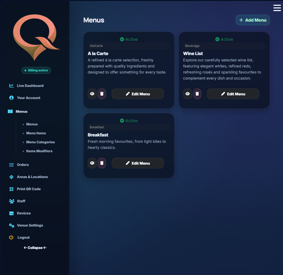 QRelia Admin - Menus