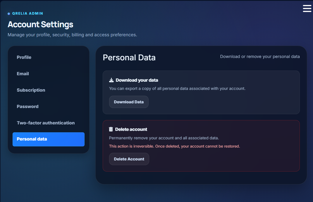 QRelia Admin - Personal Data