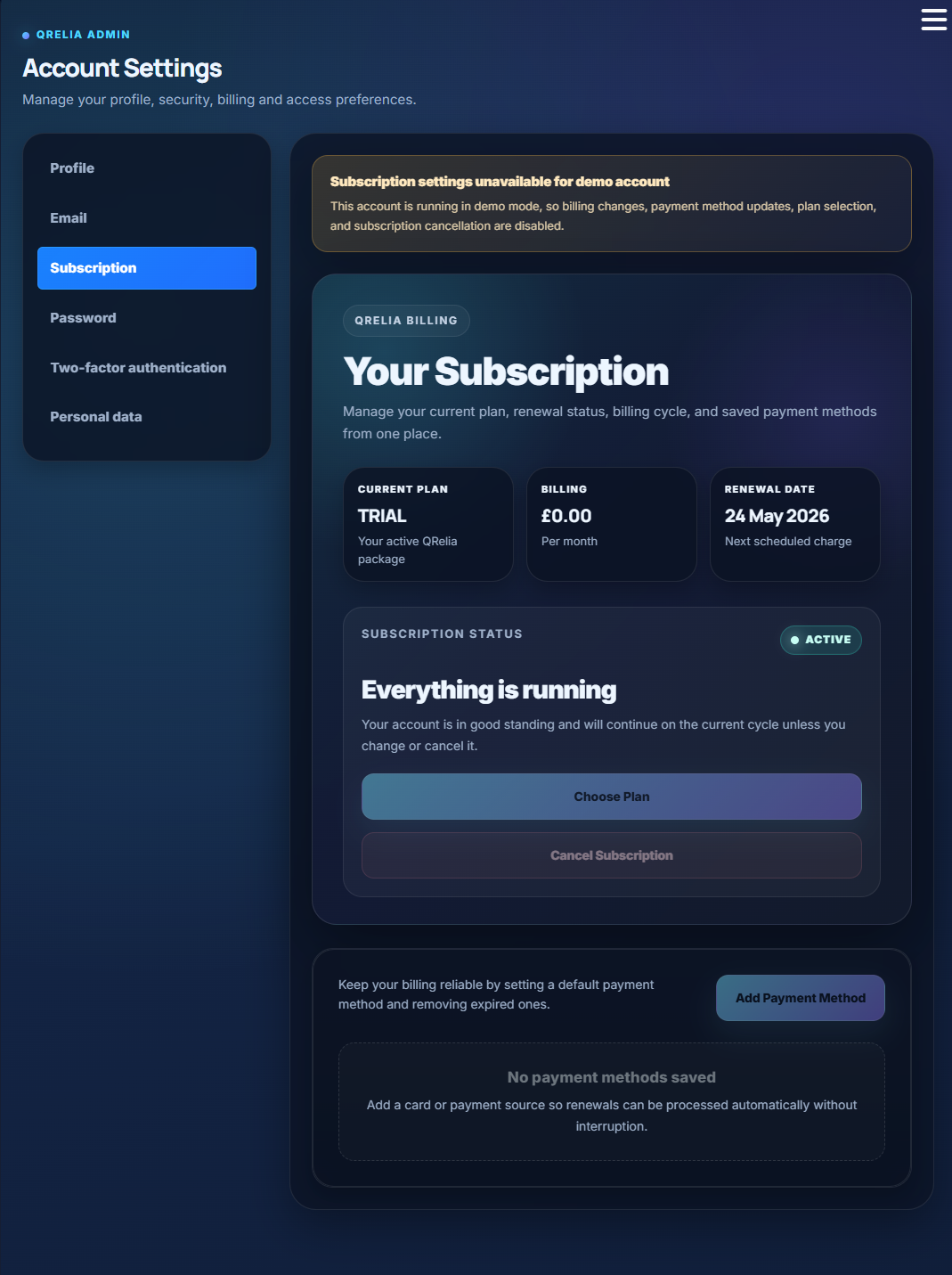 QRelia Admin - Subscription