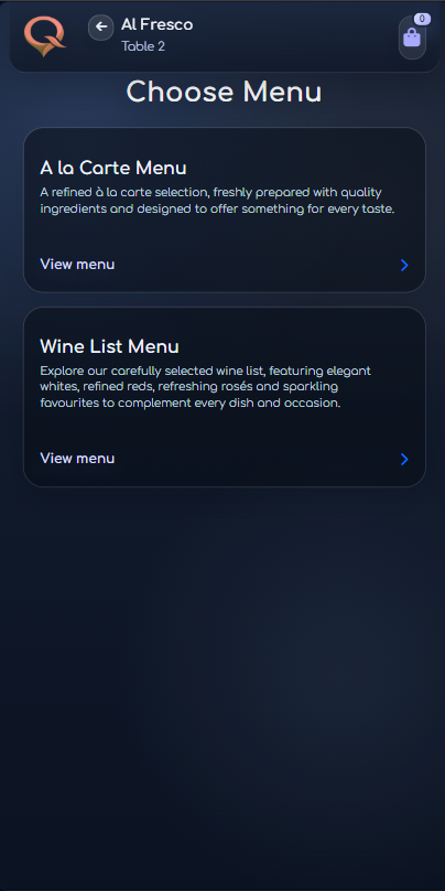 QRelia Customer - Choose Menu