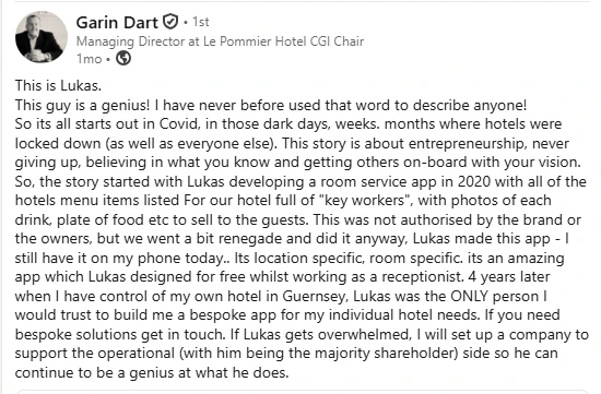 LinkedIn post describing the early room-service prototype and the trust behind the later QRelia partnership