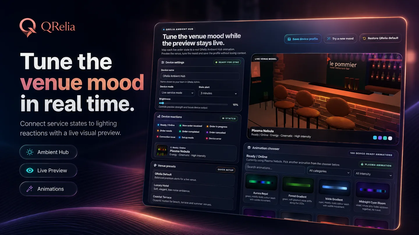 QRelia Ambient Hub with device controls and a live venue preview