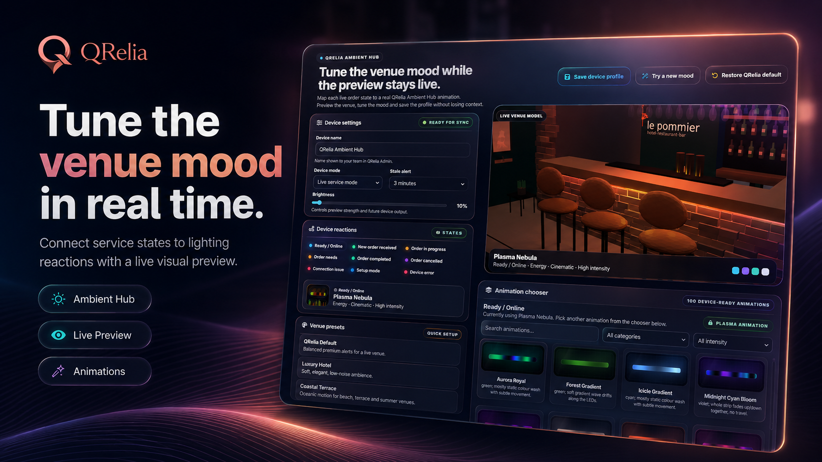 QRelia Ambient Hub admin preview with live venue model