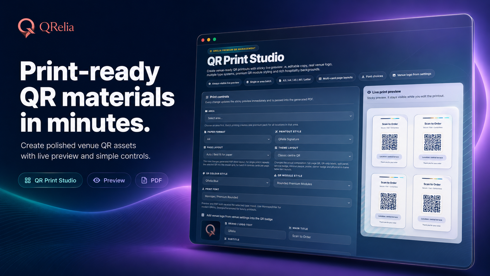 QRelia QR Print Studio hero showcase